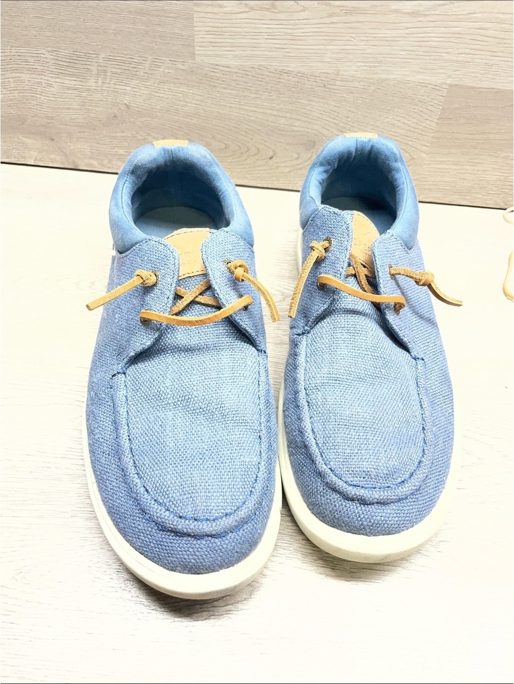 Sperry Light Blue Canvas Slip-On Boat Loafers with Tan Lace Accents #1474